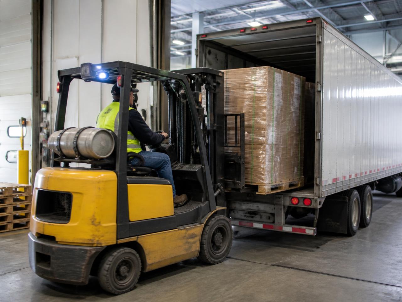 Forklift loading a shrink-wrapped pallet into a trailer at a warehouse loading dock