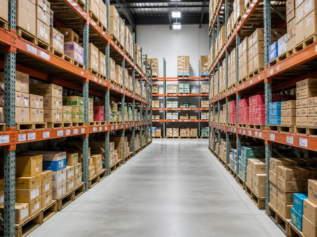 Warehouse aisle with inventory racks of cased consumer goods
