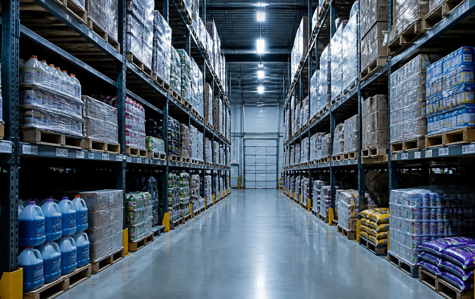 Warehouse aisle with pallets of cleaning supplies, groceries, snacks, pet food and hardware on steel racking
