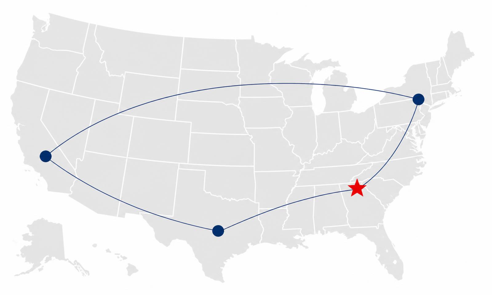 Map of the United States showing fulfillment centers in California, Texas and New York with headquarters marked in Atlanta, Georgia